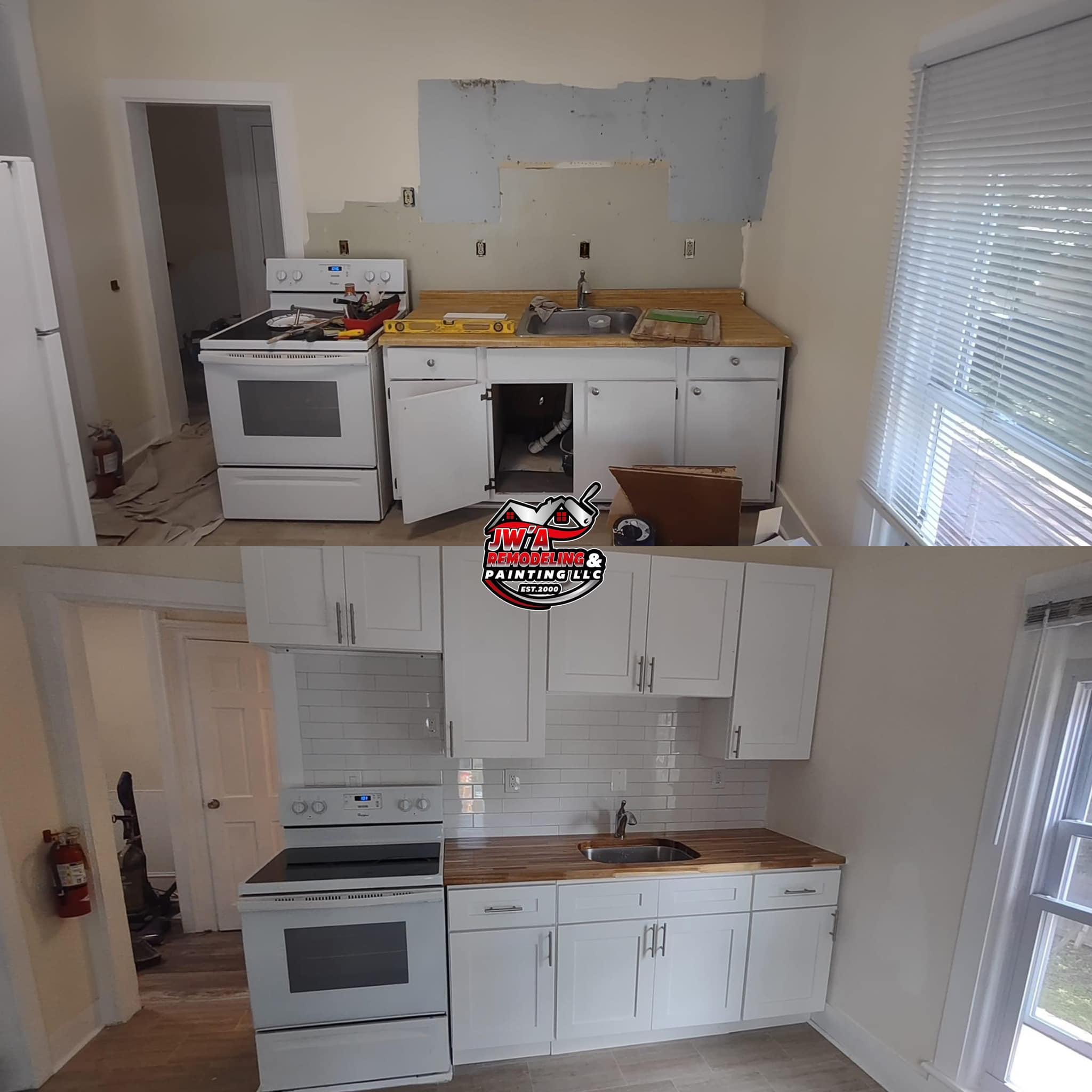 Kitchen before and after - cabinets and backsplash upgrade by JW'A Remodeling & Painting LLC