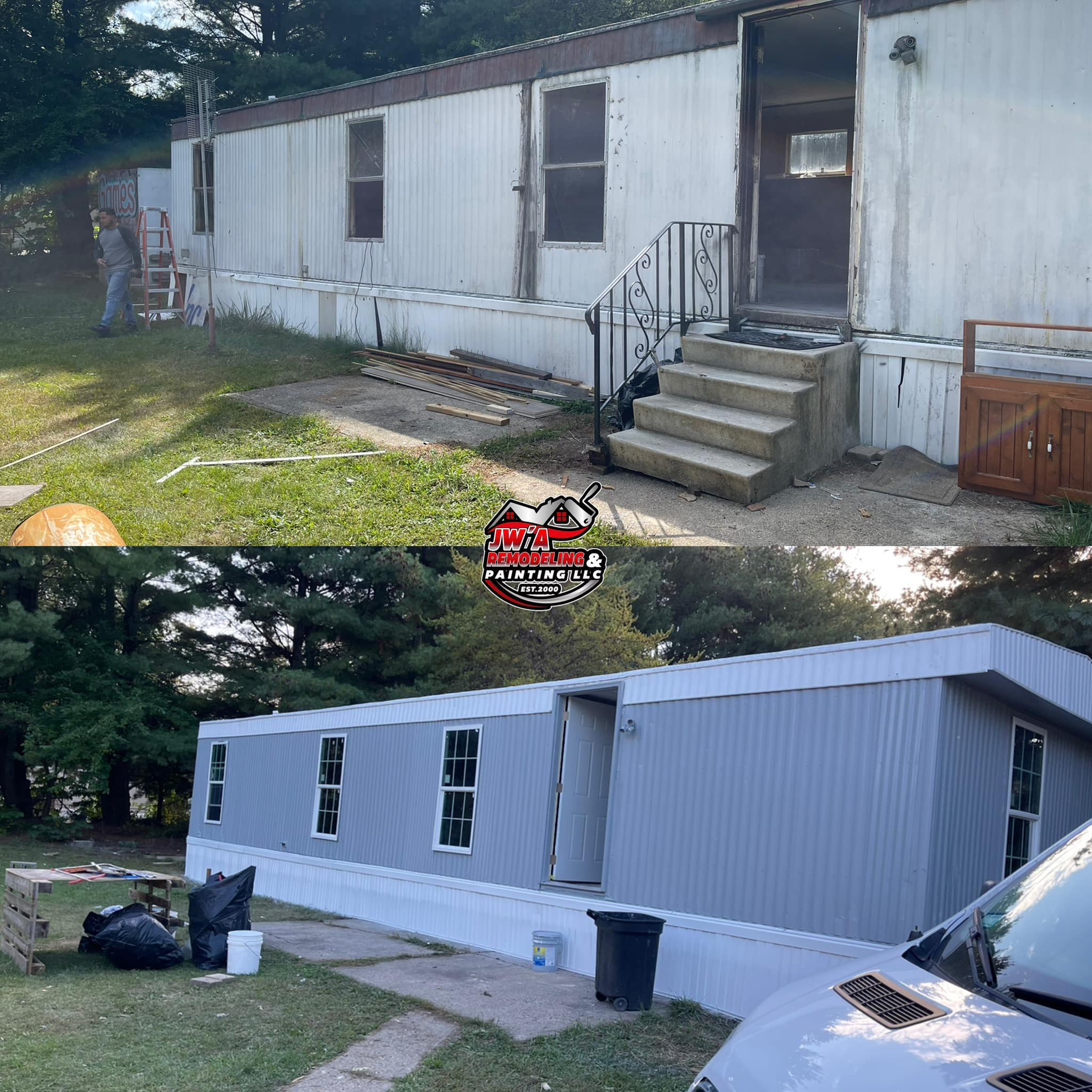 Mobile home exterior before and after - siding, windows, and exterior refresh by JW'A Remodeling & Painting LLC