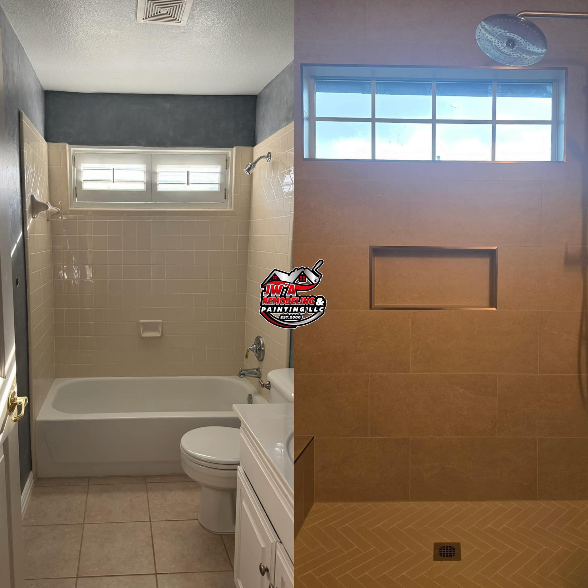 Bathroom remodel before and after - tub to shower upgrade by JW'A Remodeling & Painting LLC