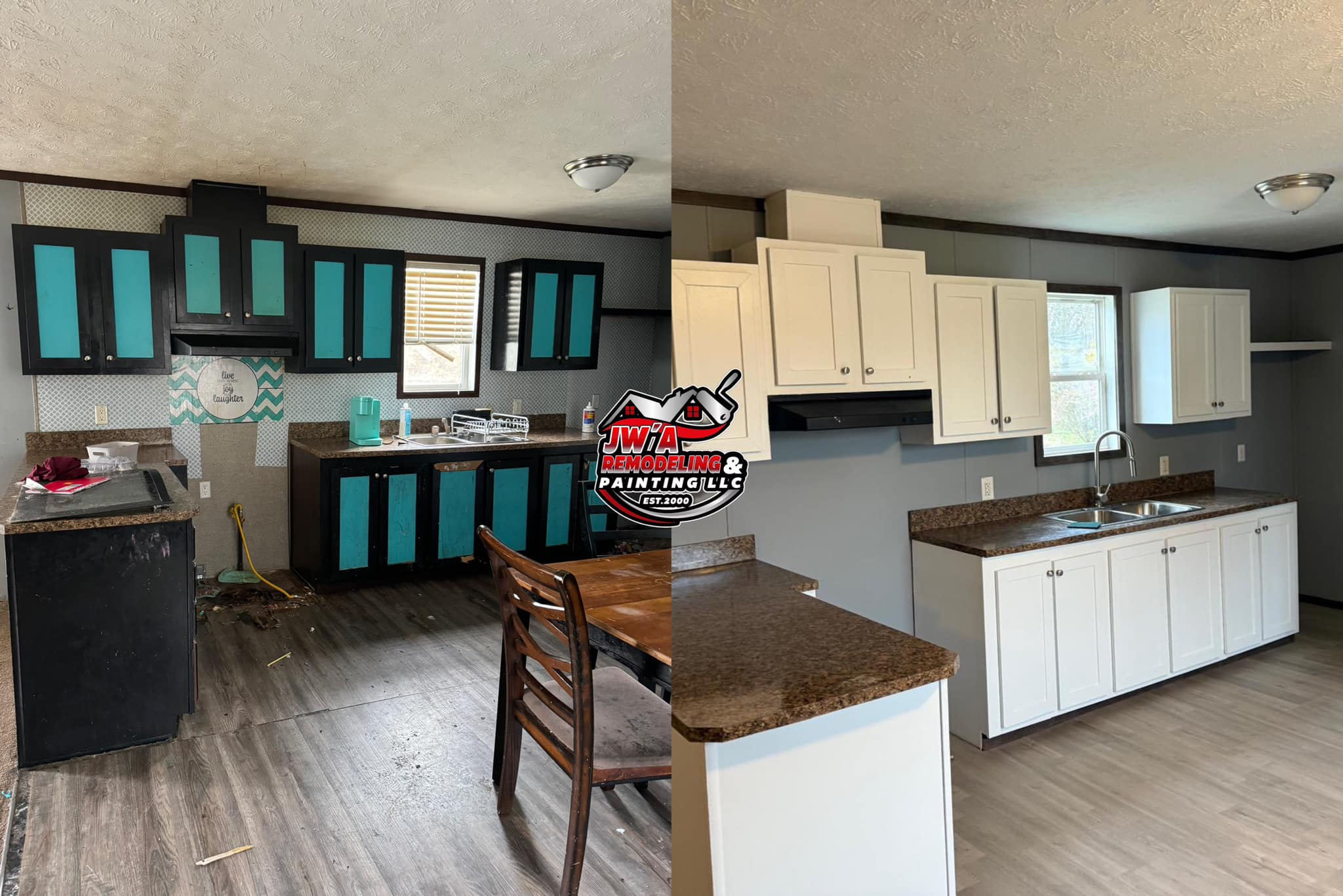 Kitchen before and after with cabinet update and refreshed flooring by JW'A Remodeling & Painting LLC